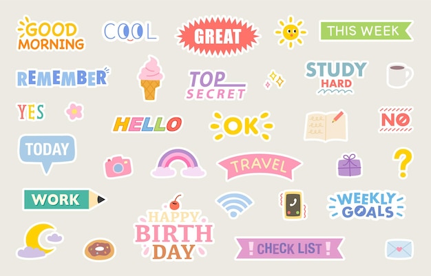 Cute diary sticker design set. flat vector illustration.