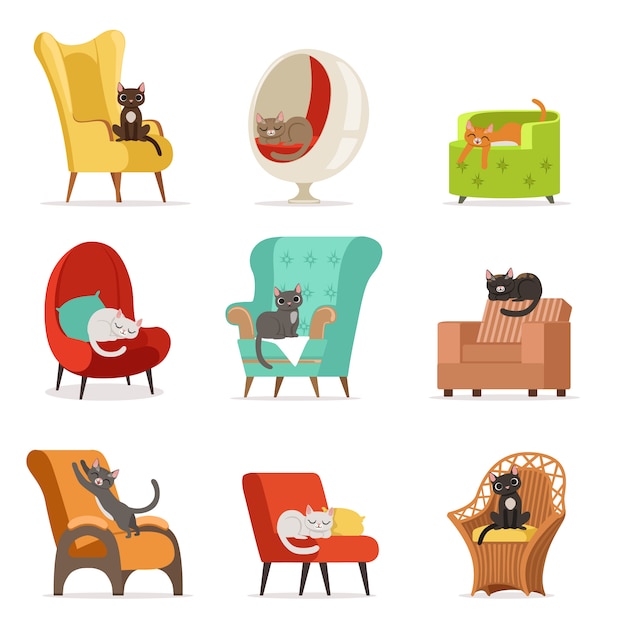 Cute different cats characters lying and resting on armchairs set of  Illustrations