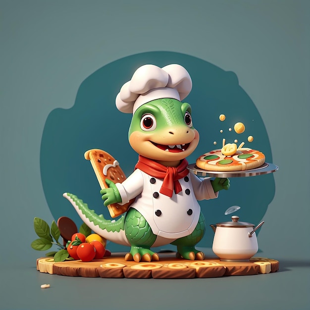 Cute dino chef cooking pizza cartoon vector icon illustration animal food icon concept isolated