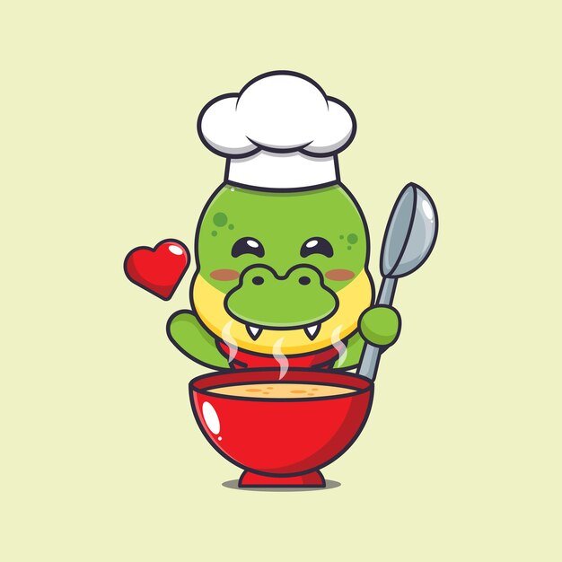 cute dino chef mascot cartoon character with soup