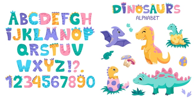 Cute Dino font with alphabet letters dinosaurs numbers Character collection for your design nursery