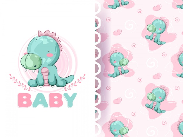 Cute dino pattern set hand draw illustration