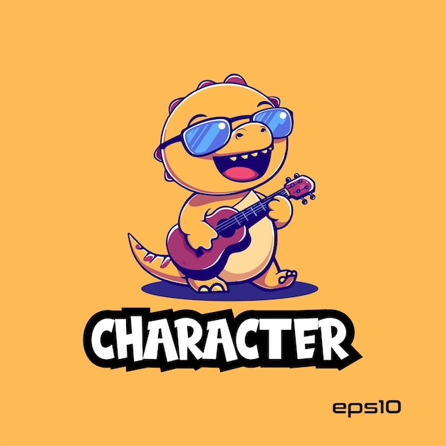 Vector cute dino playing guitar logo vector mascot character illustration