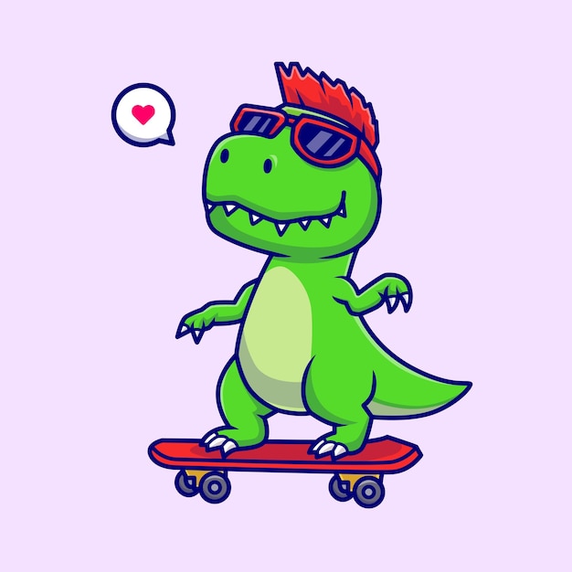 Cute Dino Playing Skateboard Cartoon Vector Icon Illustration. Animal Sport Icon Concept Isolated