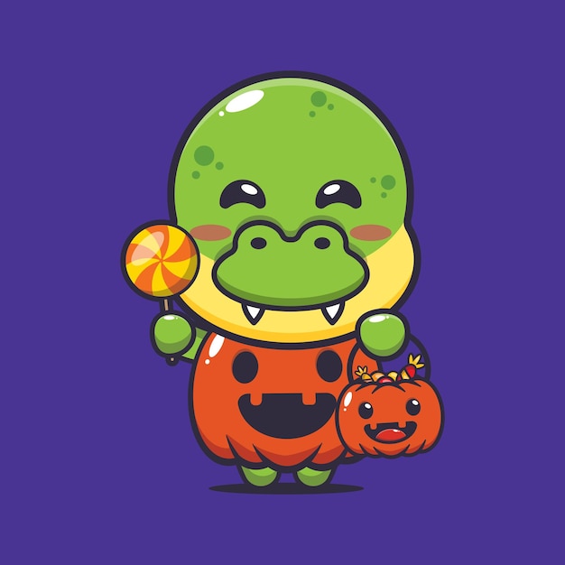 Cute dino with halloween pumpkin costume. 
Cute halloween cartoon illustration.