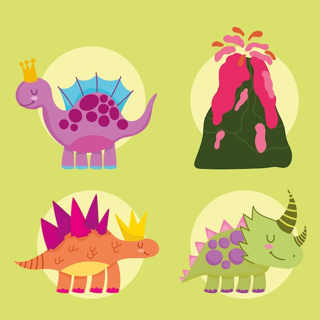 Cute dinos animals extinct and volcano cartoon set