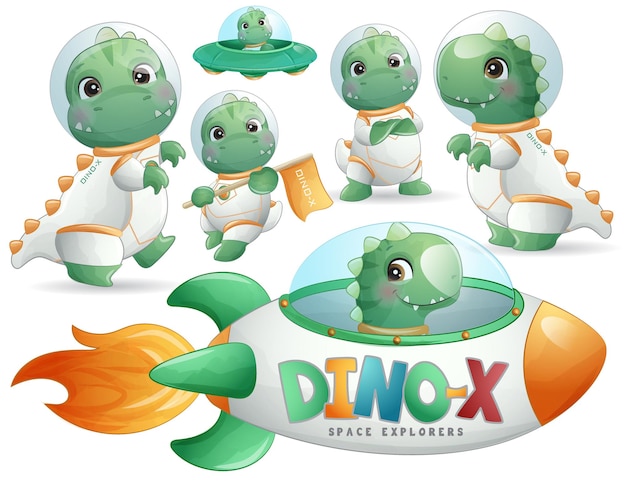 Cute dinosaur astronaut poses in watercolor style illustration set