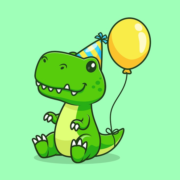 Cute Dinosaur Birthday Party With Balloon Cartoon Vector Icon Illustration Animal Holiday Isolated