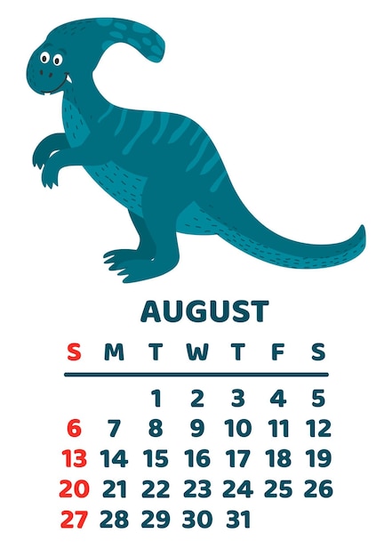 Cute dinosaur calendar template for children series August