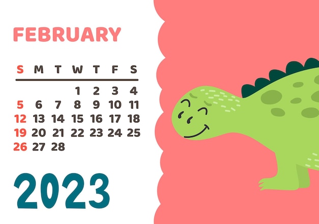 Cute dinosaur calendar template for children series February