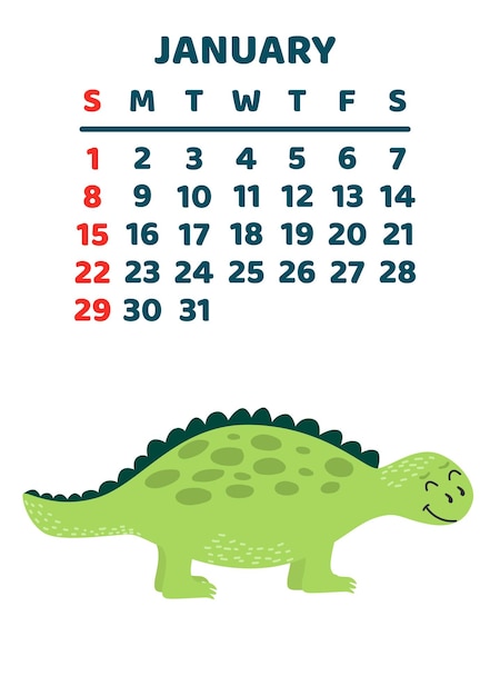 Cute dinosaur calendar template for children series January