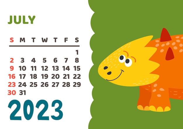 Cute dinosaur calendar template for children series July