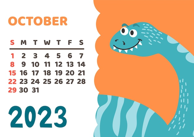 Cute dinosaur calendar template for children series October