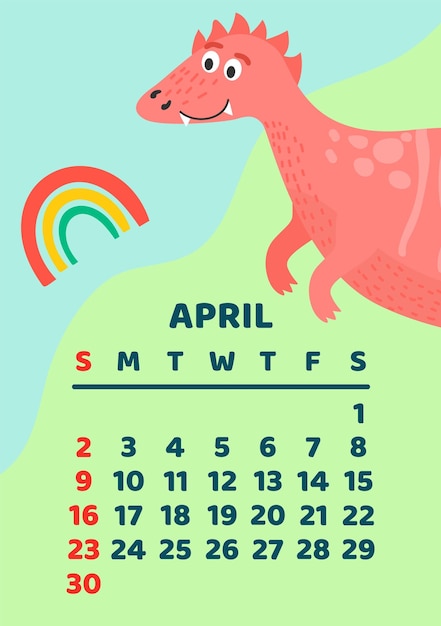 Cute dinosaur calendar vector template for children series April