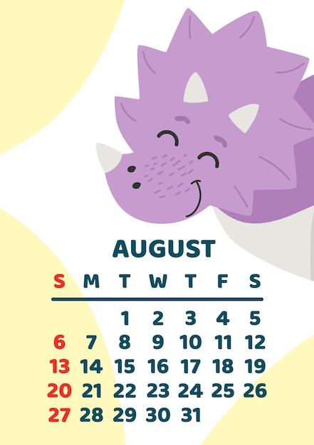 Cute dinosaur calendar vector template for children series August