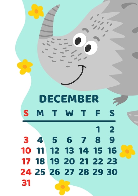 Cute dinosaur calendar vector template for children series december