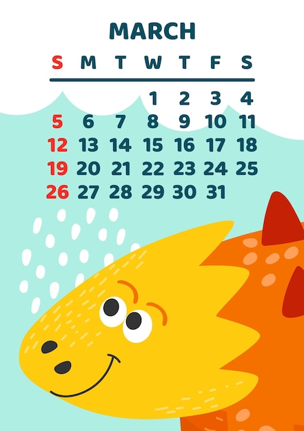 Cute dinosaur calendar vector template for children series March