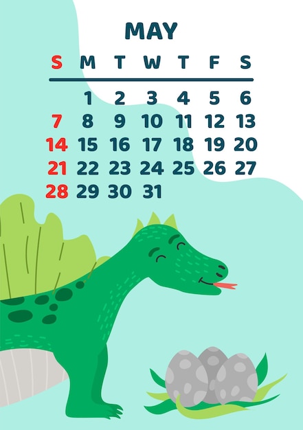 Cute dinosaur calendar vector template for children series may