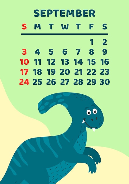 Cute dinosaur calendar vector template for children series Septemper