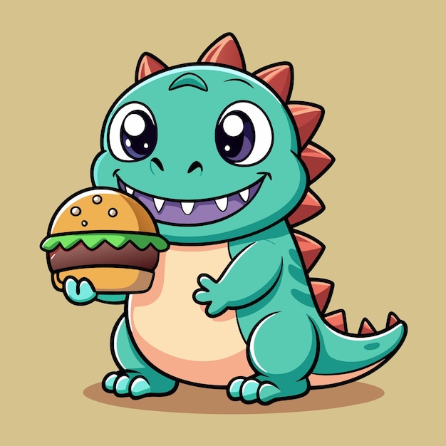 Vector cute dinosaur carrying a burger cartoon vector illustration