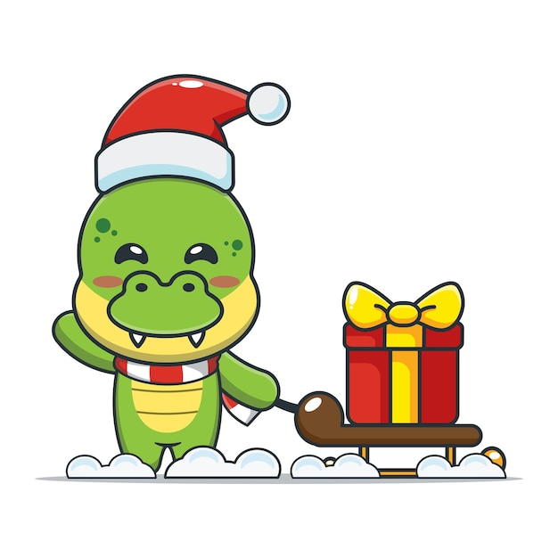 Vector cute dinosaur carrying christmas gift cute christmas cartoon illustration