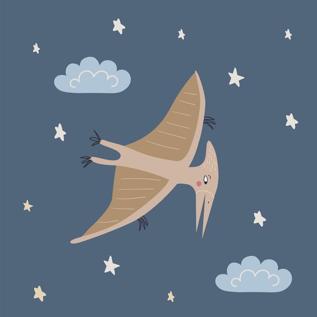 A cute dinosaur flies among the stars and clouds Cartoon pterodactyl in the sky vector illustration