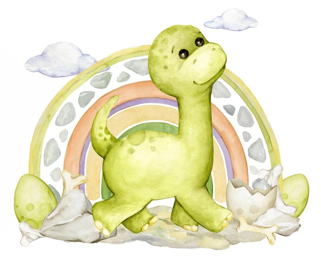 Cute dinosaur green color in cartoon style sitting on a rainbow background Watercolor clipart on an isolated background