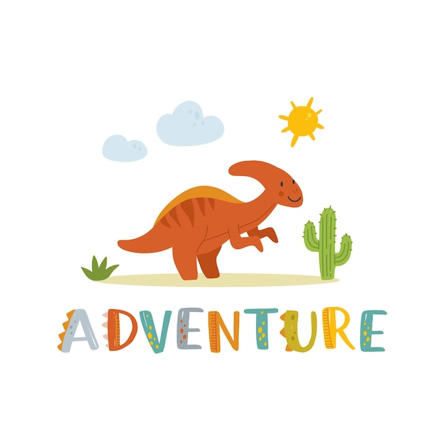 Cute dinosaur hand drawn lettering Love Adventure Dino flat vector typography Isolated scandinavian cartoon illustration for kids book tshirts banner card logo