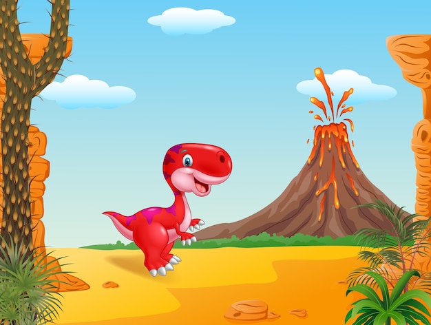 Cute dinosaur mascot with prehistoric background