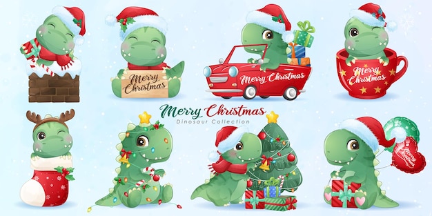 Cute dinosaur for merry christmas with watercolor illustration set