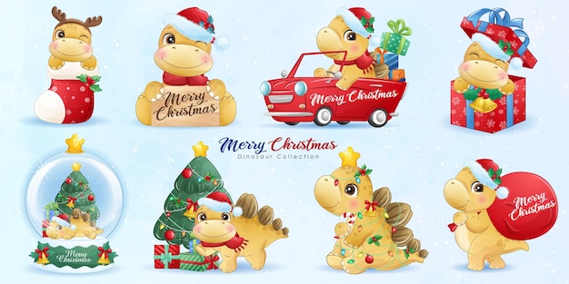 Cute dinosaur for merry christmas with watercolor illustration set