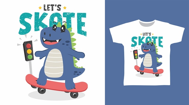 Vector cute dinosaur play skateboard tshirt art fashion design