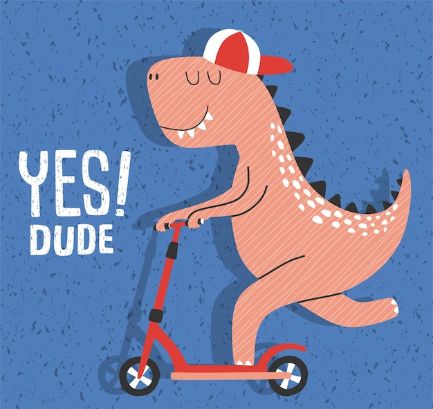 cute dinosaur riding kick scooter.