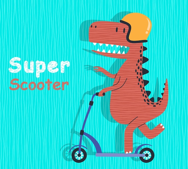 cute dinosaur riding kick scooter.