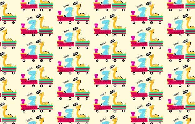 Cute dinosaur riding a mini train seamless pattern in childish style