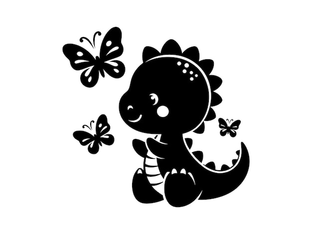 Cute Dinosaur Silhouette with Flowers and Butterflies