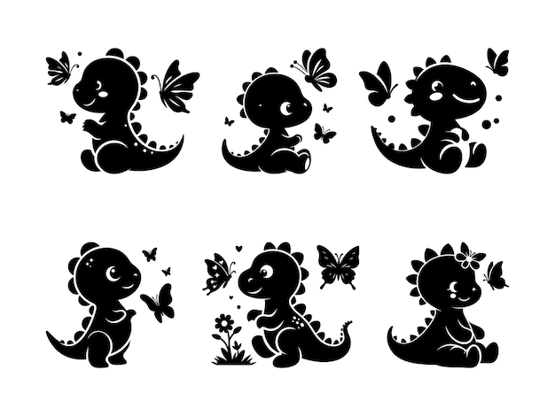 Cute Dinosaur Silhouette with Flowers and Butterflies