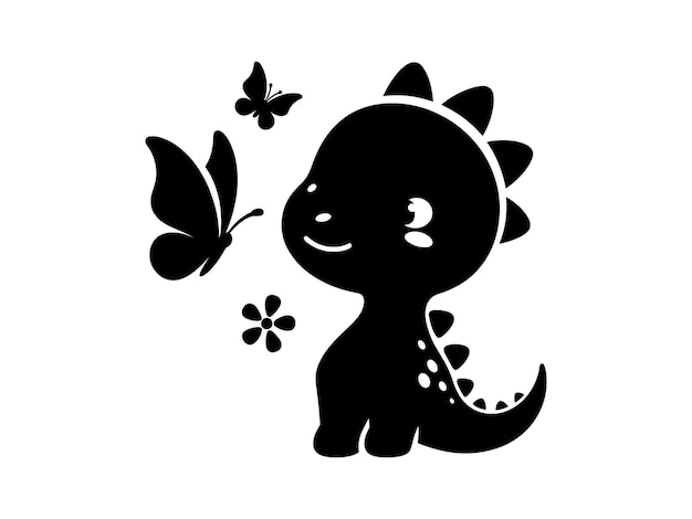 Vector cute dinosaur silhouette with flowers and butterflies