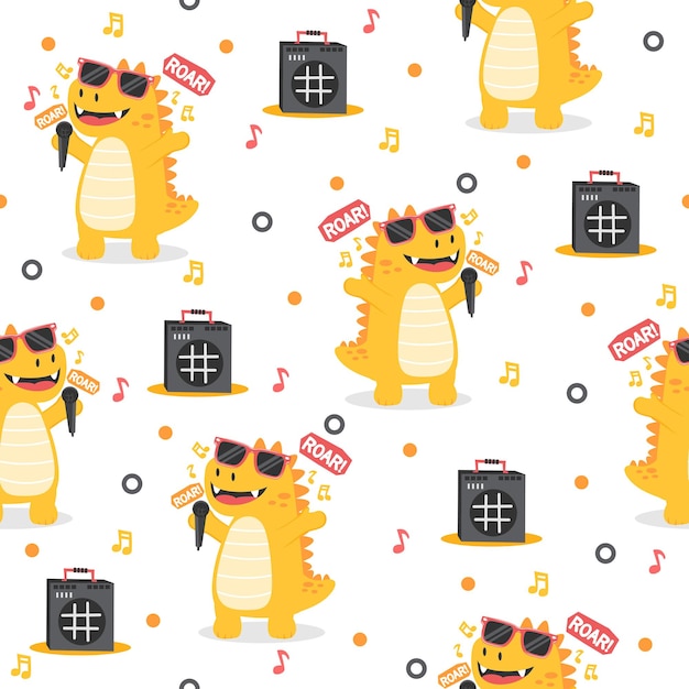 Cute dinosaur sing with glasses cartoon vector pattern design concept