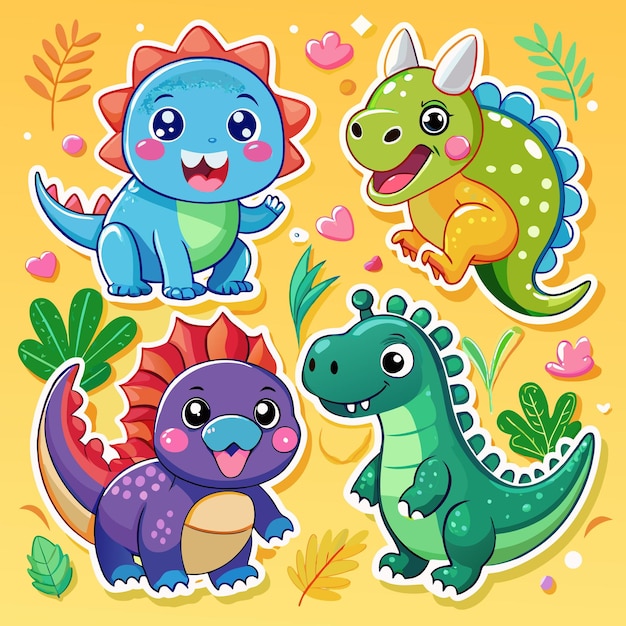 Vector cute dinosaur stickers with happy expressions and vibrant colors