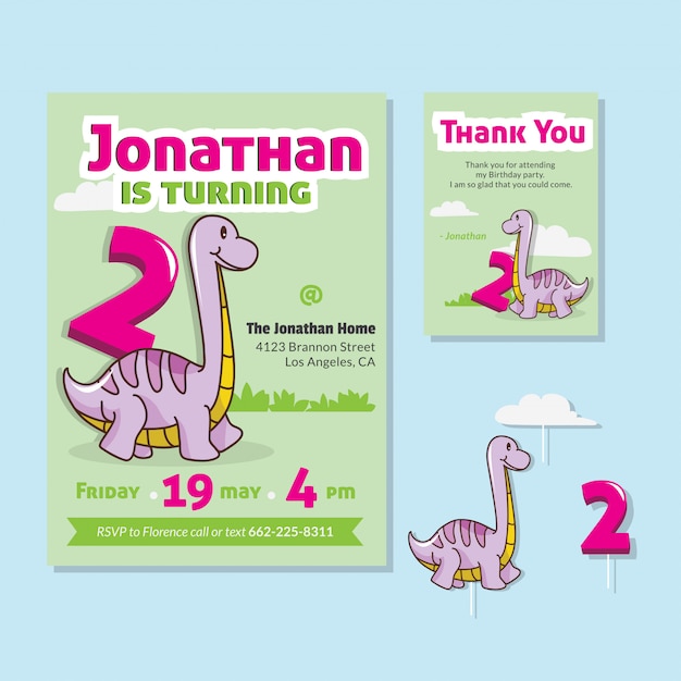 Cute Dinosaur Theme 2nd Birthday Party Invitation Card