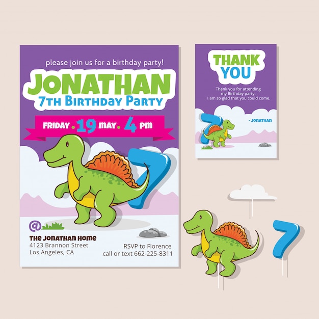 Cute Dinosaur Theme 7th Birthday Party Invitation Card