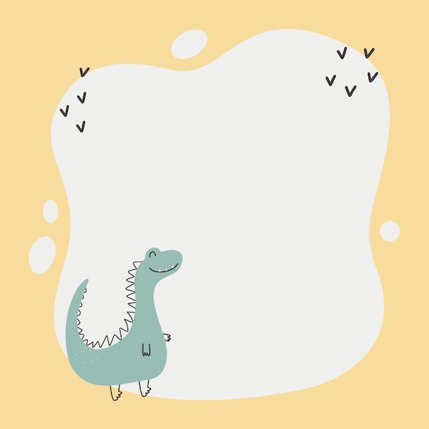 Cute dinosaur with a blot frame in simple cartoon handdrawn style Template for your text or photo