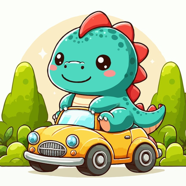 cute Dinosaur with car vector on white background