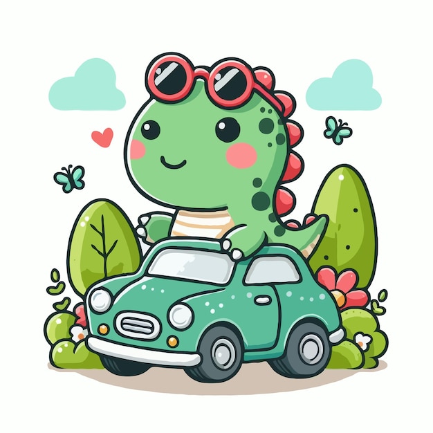 cute Dinosaur with car vector on white background