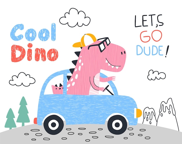 cute dinosaur with car.