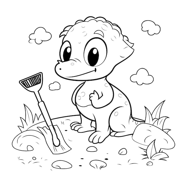 Cute dinosaur with a shovel Coloring book for children