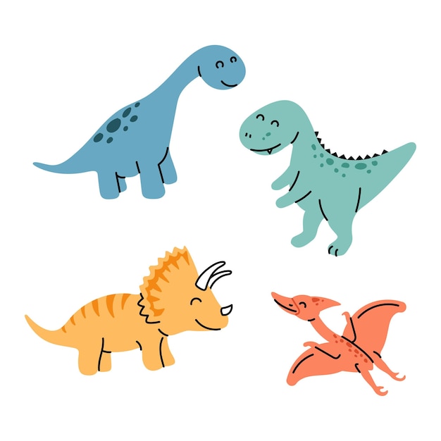 Cute dinosaurs doodles set scandinavian style Funny cartoon dinos Hand drawn vector doodle