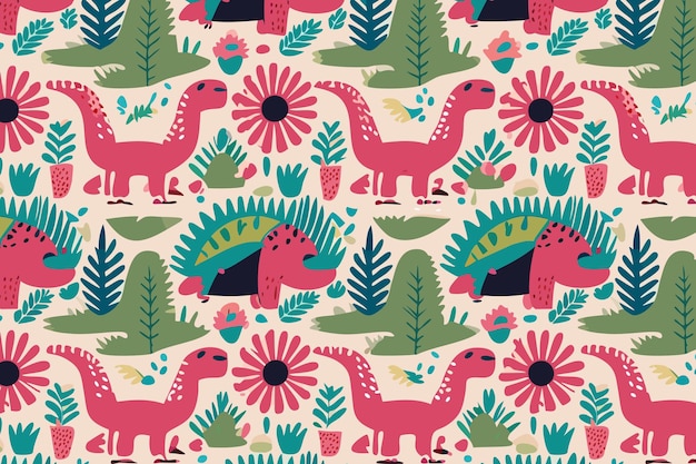 Cute dinosaurs and flowers seamless pattern in boho folk style vector