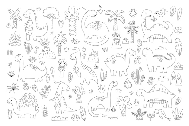 Cute dinosaurs and tropic plants Funny cartoon dino collection Hand drawn vector doodle set for kids Black and white monochrome